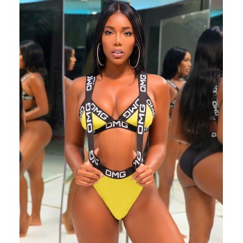 Hollow Out Summer Letter Print Bandage Rompers Bikini 2 Pieces Sets